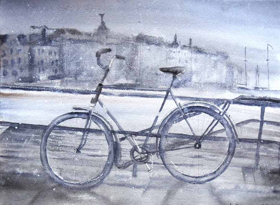 Bicycle in snowfall - Watercolor and story by Annika Smeds