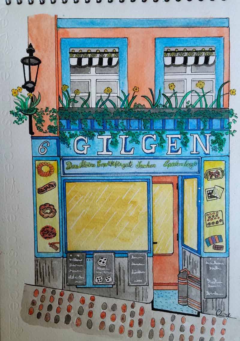 Cafe in Switzerland - Watercolor and story by Clare Clark