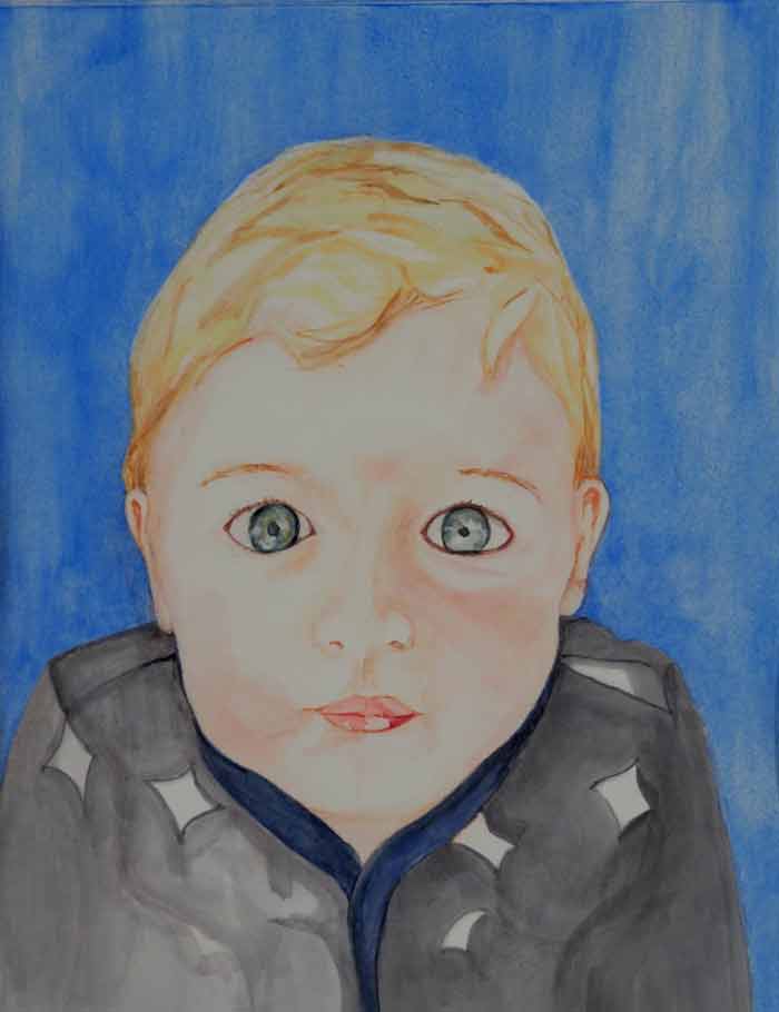 A watercolour painting of my grandson Xavier showing his fully present gaze