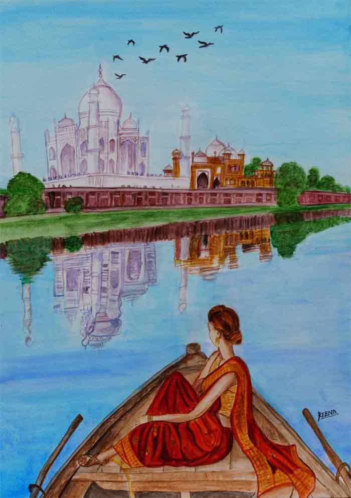 Waiting at Taj - Watercolor and story by Reena Jaiswal Bhatt